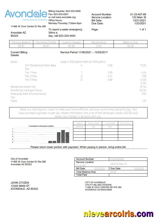USA Arizona The City of Avondale Water utility bill